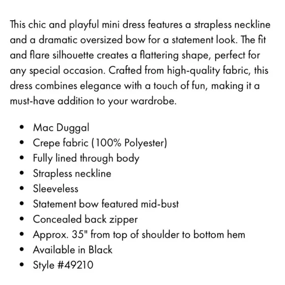 Mac Duggal Black Strapless Bow Fit and Flare Mini Dress Size 6 NWT - Picture 4 of 15